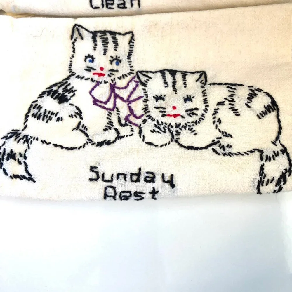 7 Vint 1970 Hand Embroidered Dish Tea Towels Kitten Cats Chores 7 Days Of Week